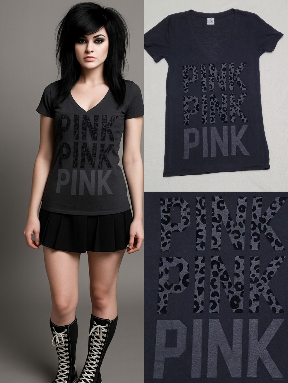 Vintage Y2K Goth Victoria's Secret Pink Black Leopard Print V-neck Fitted Tee M